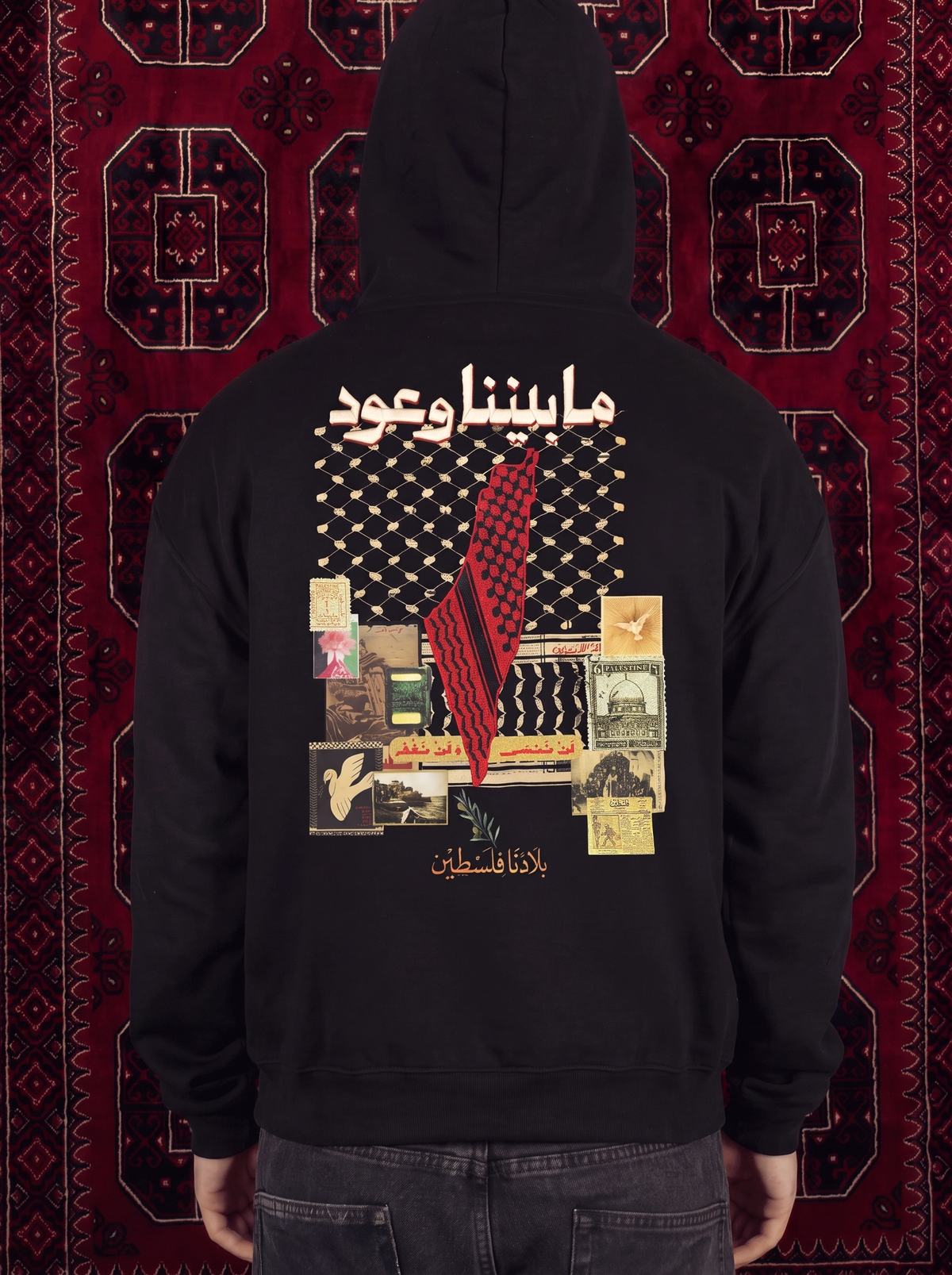 Ma Baynana Wo'ood ما بيننا وعود Palestine embroidered black hoodie, front