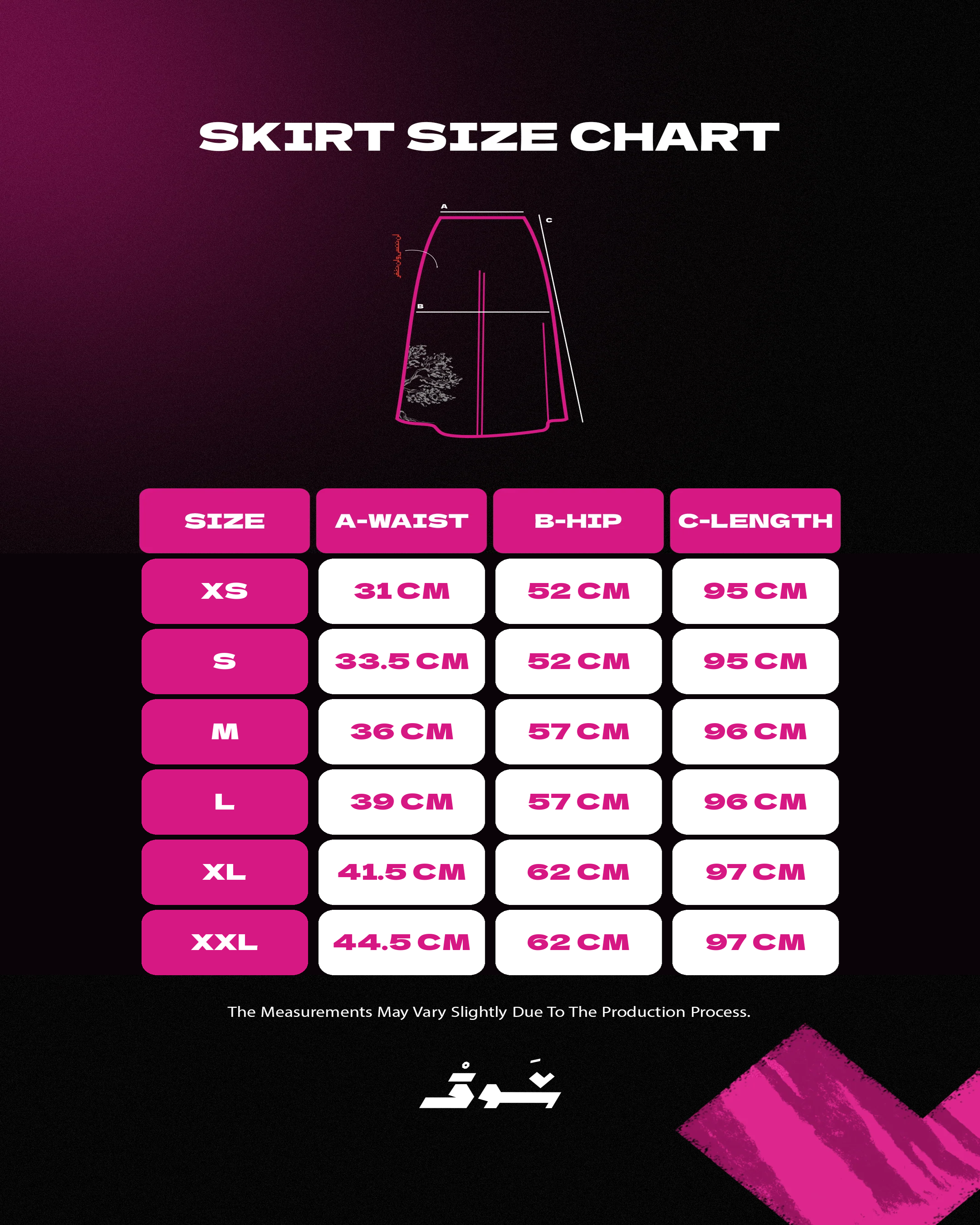 ShawQ denim skirt size chart