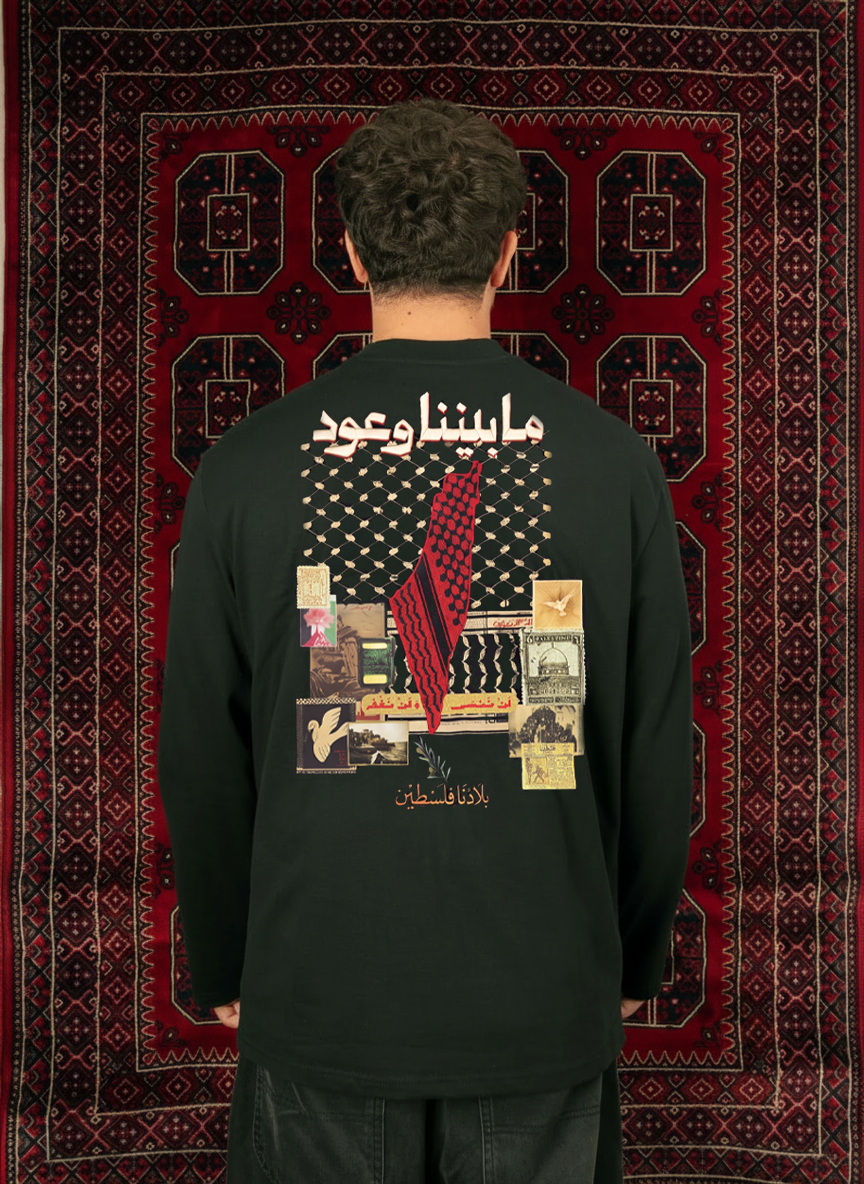 Ma Baynana Wo'ood ما بيننا وعود Palestine embroidered black long sleeve shirt, front