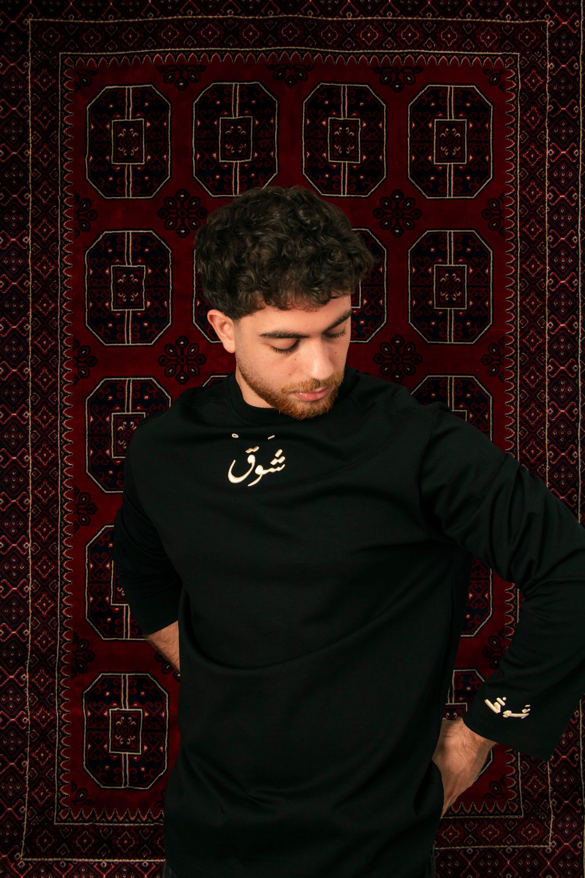 Ma Baynana Wo'ood Palestine long sleeve shirt, front on model