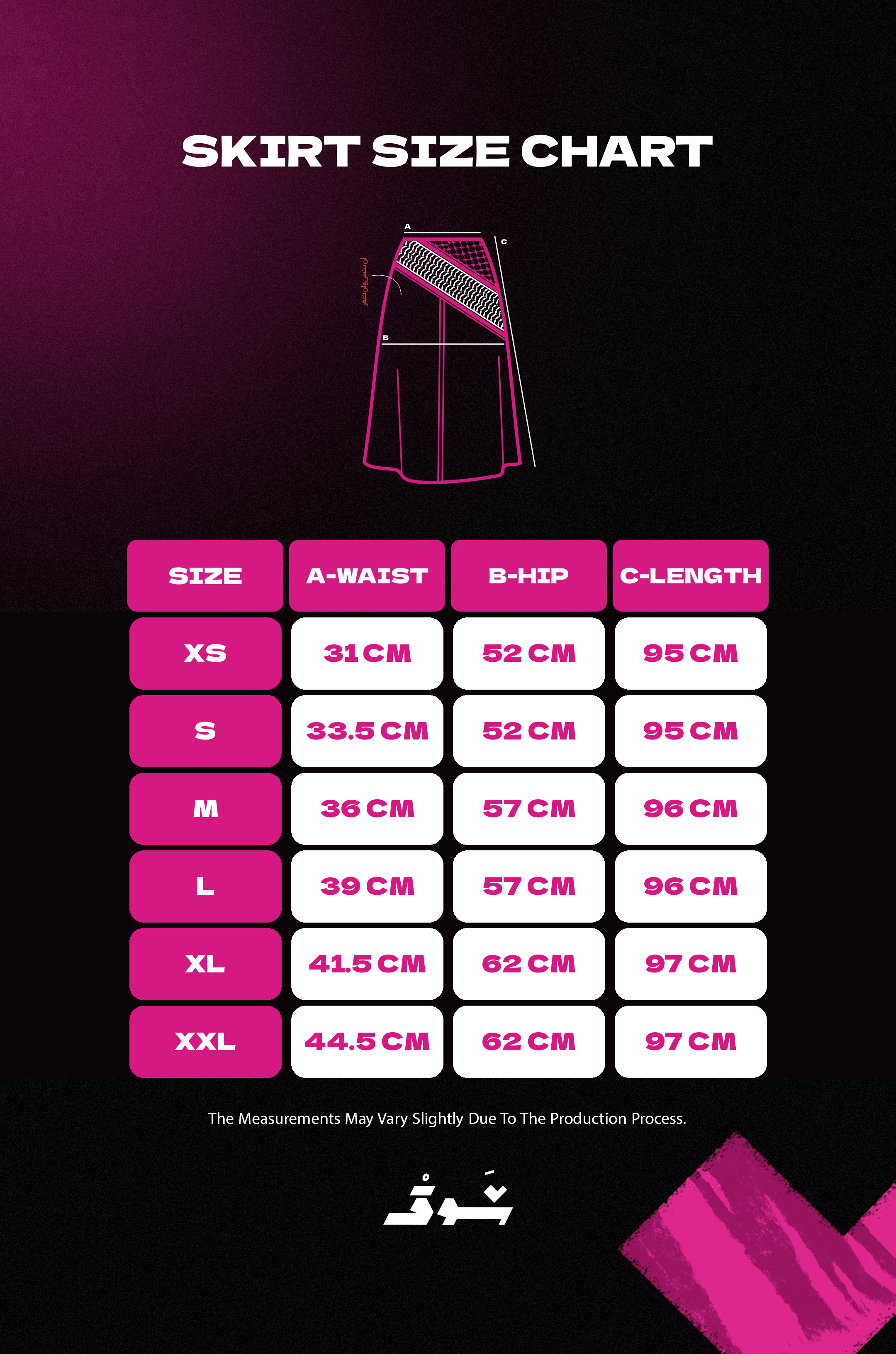 ShawQ denim skirt size chart