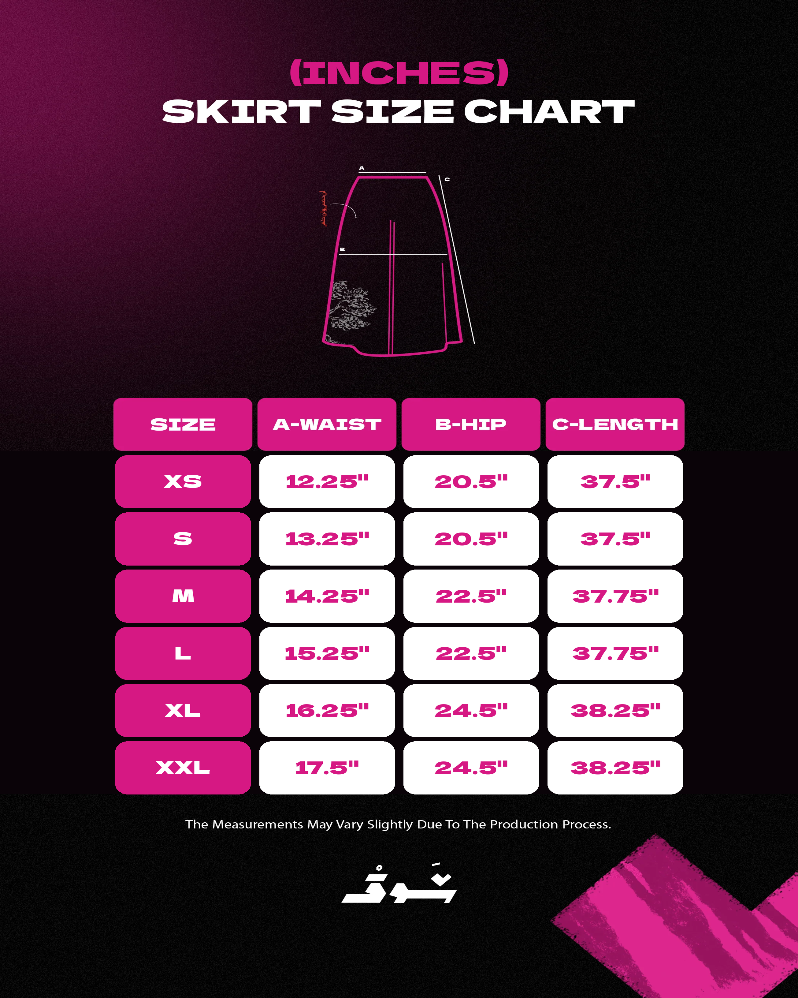 ShawQ denim skirt size chart